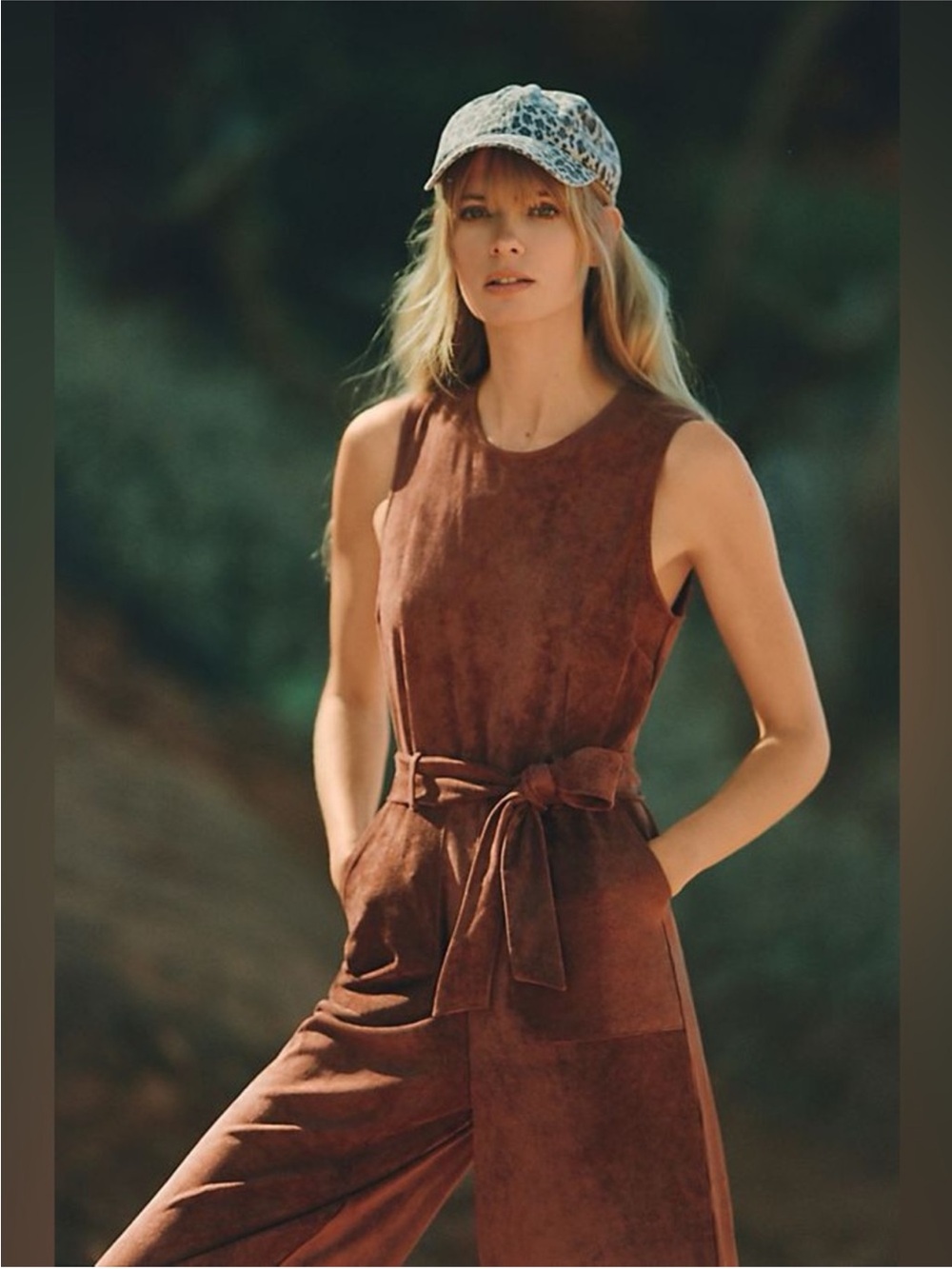 Anthropologie Faux Suede Crop Jumpsuit Waist Tie Pockets Chestnut Brown Medium